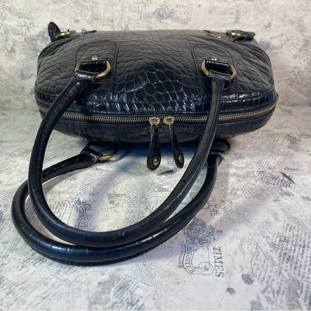 Banana Republic Black Croc Embossed Leather Satchel Work Tote Gold Hardware